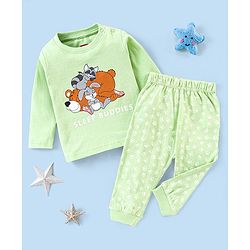 Babyhug Cotton Knit Full Sleeves Night Suit Bear Print - Green