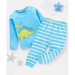 Babyhug Cotton Full Sleeves Night Suit Dino & Stripes Print- Blue
