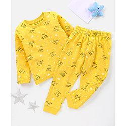 Babyhug Cotton Full Sleeves Night Suit Stars & Text Print- Yellow