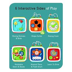 Babyhug Premium All In One Activity Cube| Educational & Learning Activity Toy |6 Interactive Sides of Play with Animals, Birds, Shape Sorter, Clock, Gears and Beads, Piano and Flash Drum and Learn to Drive Functions| BIS Certified| 3 Years+