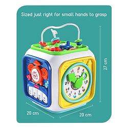 Babyhug Premium All In One Activity Cube| Educational & Learning Activity Toy |6 Interactive Sides of Play with Animals, Birds, Shape Sorter, Clock, Gears and Beads, Piano and Flash Drum and Learn to Drive Functions| BIS Certified| 3 Years+