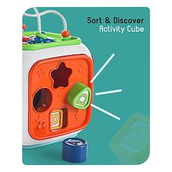 Babyhug Premium All In One Activity Cube| Educational & Learning Activity Toy |6 Interactive Sides of Play with Animals, Birds, Shape Sorter, Clock, Gears and Beads, Piano and Flash Drum and Learn to Drive Functions| BIS Certified| 3 Years+