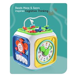 Babyhug Premium All In One Activity Cube| Educational & Learning Activity Toy |6 Interactive Sides of Play with Animals, Birds, Shape Sorter, Clock, Gears and Beads, Piano and Flash Drum and Learn to Drive Functions| BIS Certified| 3 Years+