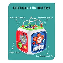 Babyhug Premium All In One Activity Cube| Educational & Learning Activity Toy |6 Interactive Sides of Play with Animals, Birds, Shape Sorter, Clock, Gears and Beads, Piano and Flash Drum and Learn to Drive Functions| BIS Certified| 3 Years+