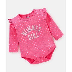 Babyhug 100% Cotton Full Sleeves Onesie With Frill Detailing Dot & Text Print - Pink