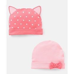 Babyhug 100% Cotton Caps With Bow & Ear Applique Polka Dot Print Pack of 2 Pink - Diameter 16 cm