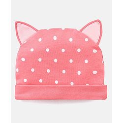 Babyhug 100% Cotton Caps With Bow & Ear Applique Polka Dot Print Pack of 2 Pink - Diameter 16 cm