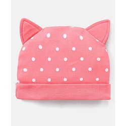 Babyhug 100% Cotton Caps With Bow & Ear Applique Polka Dot Print Pack of 2 Pink - Diameter 16 cm