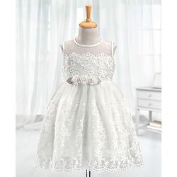 Babyhug Woven Sleeveless Party Dress with Floral Corsage & Embroidered - White