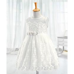 Babyhug Woven Sleeveless Party Dress with Floral Corsage & Embroidered - White