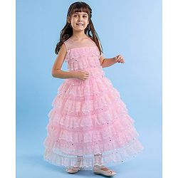 Babyhug Sleeveless Ruffled Lace Foil And Glitter Detailing Frock With Layer - Pink