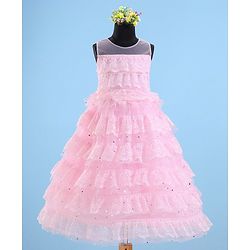 Babyhug Sleeveless Ruffled Lace Foil And Glitter Detailing Frock With Layer - Pink