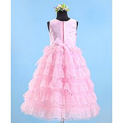 Babyhug Sleeveless Ruffled Lace Foil And Glitter Detailing Frock With Layer - Pink