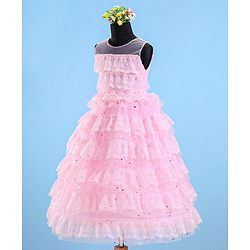 Babyhug Sleeveless Ruffled Lace Foil And Glitter Detailing Frock With Layer - Pink