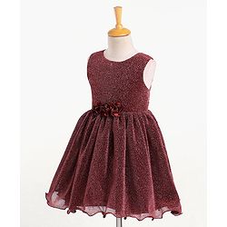 Babyhug Sleeveless Glittered Party Frock  With Corsage - Maroon