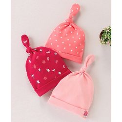 Babyhug 100% Cotton Caps Floral & Dot Print Pack Of 3 Pink - Diameter 10.5 cm