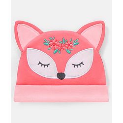 Babyhug 100% Cotton Fox Design Cap Floral Embroidery Peach - Diameter 17 cm