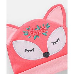 Babyhug 100% Cotton Fox Design Cap Floral Embroidery Peach - Diameter 17 cm