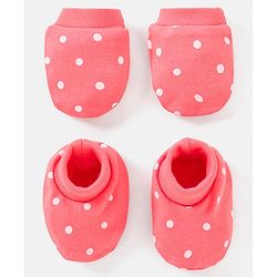 Babyhug 100% Cotton Knit Mittens & Booties Polka Dots Print - Peach