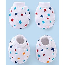 Babyhug 100% Cotton Knit Mittens and Booties Star Print - White