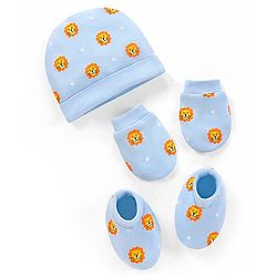 Babyhug 100% Cotton Knit Cap Mittens and Booties Lion Face Print Blue - Diameter 11.5 cm