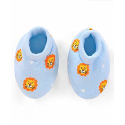 Babyhug 100% Cotton Knit Cap Mittens and Booties Lion Face Print Blue - Diameter 11.5 cm