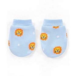 Babyhug 100% Cotton Knit Cap Mittens and Booties Lion Face Print Blue - Diameter 11.5 cm