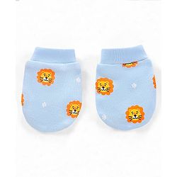 Babyhug 100% Cotton Knit Cap Mittens and Booties Lion Face Print Blue - Diameter 11.5 cm