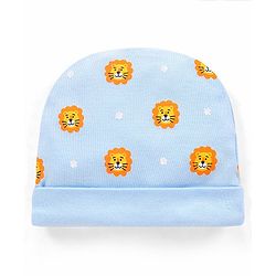 Babyhug 100% Cotton Knit Cap Mittens and Booties Lion Face Print Blue - Diameter 11.5 cm