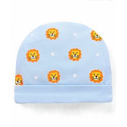Babyhug 100% Cotton Knit Cap Mittens and Booties Lion Face Print Blue - Diameter 11.5 cm