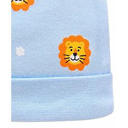 Babyhug 100% Cotton Knit Cap Mittens and Booties Lion Face Print Blue - Diameter 11.5 cm