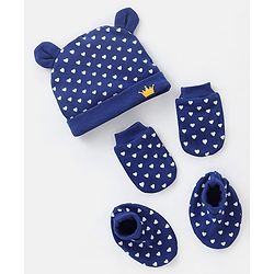 Babyhug 100% Cotton Knit Ear Applique Cap Mittens & Booties Set Heart Print Navy - Diameter 10 cm