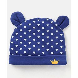 Babyhug 100% Cotton Knit Ear Applique Cap Mittens & Booties Set Heart Print Navy - Diameter 10 cm