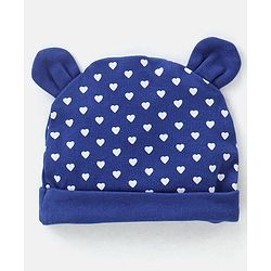Babyhug 100% Cotton Knit Ear Applique Cap Mittens & Booties Set Heart Print Navy - Diameter 10 cm