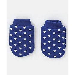 Babyhug 100% Cotton Knit Ear Applique Cap Mittens & Booties Set Heart Print Navy - Diameter 10 cm