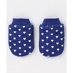 Babyhug 100% Cotton Knit Ear Applique Cap Mittens & Booties Set Heart Print Navy - Diameter 10 cm
