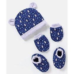 Babyhug 100% Cotton Knit Ear Applique Cap Mittens & Booties Set Penguins Printed Navy - Diameter 11.5
