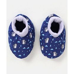 Babyhug 100% Cotton Knit Ear Applique Cap Mittens & Booties Set Penguins Printed Navy - Diameter 11.5