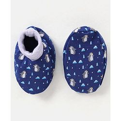 Babyhug 100% Cotton Knit Ear Applique Cap Mittens & Booties Set Penguins Printed Navy - Diameter 11.5