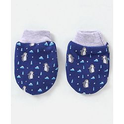 Babyhug 100% Cotton Knit Ear Applique Cap Mittens & Booties Set Penguins Printed Navy - Diameter 11.5