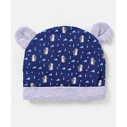 Babyhug 100% Cotton Knit Ear Applique Cap Mittens & Booties Set Penguins Printed Navy - Diameter 11.5