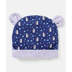 Babyhug 100% Cotton Knit Ear Applique Cap Mittens & Booties Set Penguins Printed Navy - Diameter 11.5