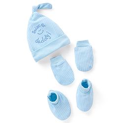 Babyhug 100% Cotton Knit Mittens & Booties Set Text Embroidery Blue - Diameter 10.5 cm