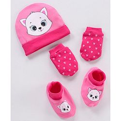 Babyhug 100% Cotton Animal Printed Cap Mittens & Booties - Cap Diameter 10 cm