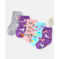 Cute Walk by Babyhug Cotton Non Terry Anti Bacterial Ankle Length Socks Unicorn Design Pack of 5 - Multicolour