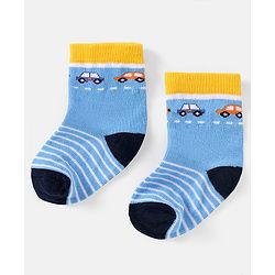 Cutewalk by Babyhug Ankle Length Anti-bacterial Cotton Knit Blend Socks Cars and Striped Design Pack of 5 - Multicolour