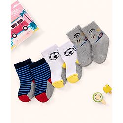 Cutewalk by Babyhug Ankle Length Anti-bacterial Cotton Knit Blend Socks Football and Striped Design Pack of 3 - Multicolour