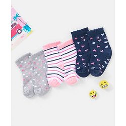 Cutewalk by Babyhug Ankle Length Anti Bacterial Cotton Knit Socks Polka Dot and Striped Design Pack of 3 - Blue & Pink