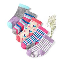 Cute Walk by Babyhug Cotton Anti Bacterial Ankle Length Socks Heart & Stripes Design Pack of 5 - Multicolour