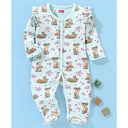 Babyhug Cotton Knit Full Sleeves Sleepsuit Fawn Print - Blue